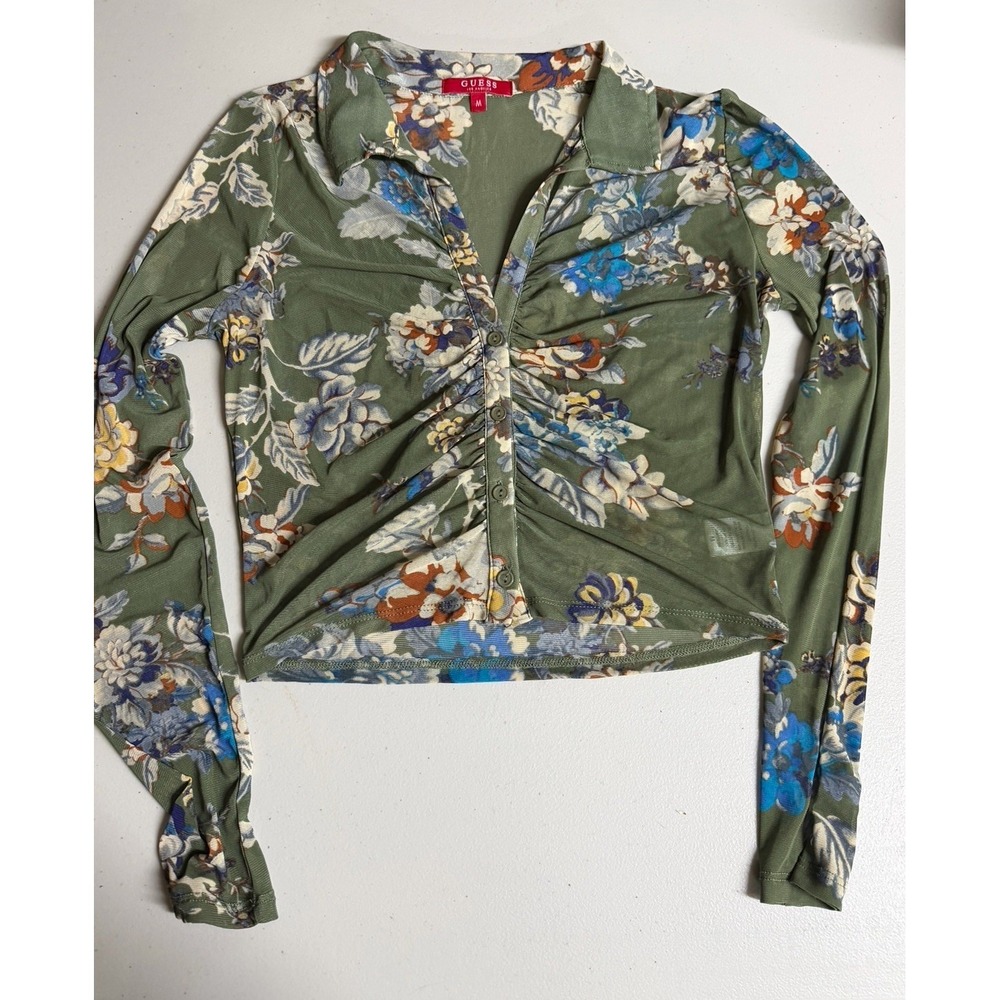 Guess Green Floral Sheer Long Sleeve Button Blouse Top Y2K Retro Festival Fairy